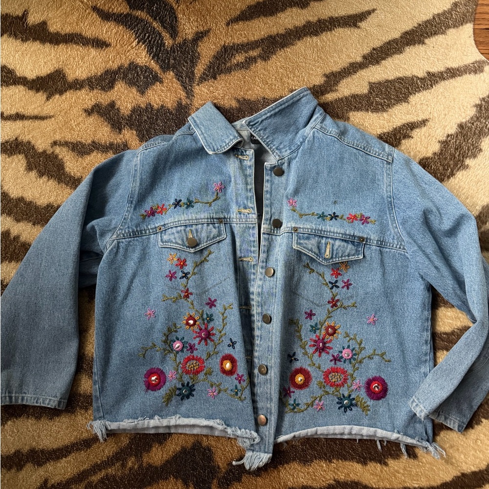 Carole Little Blue Denim Jacket with Floral Embroidery